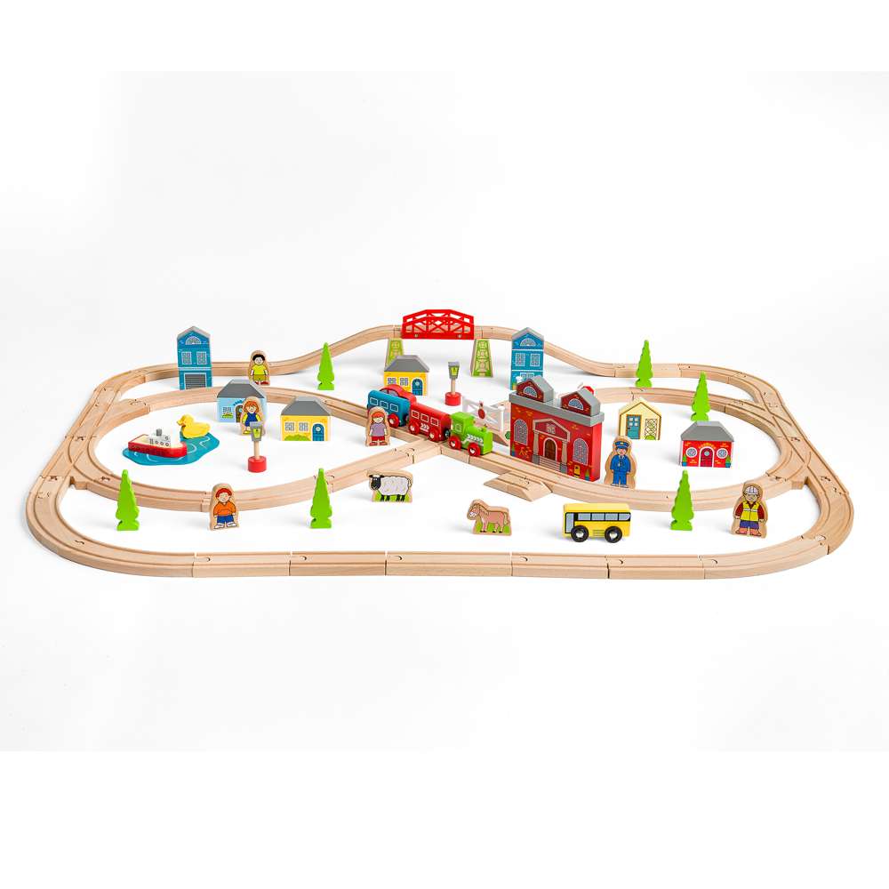 Town and Country Wooden Train Set for Kids with Accessories 91 Pieces