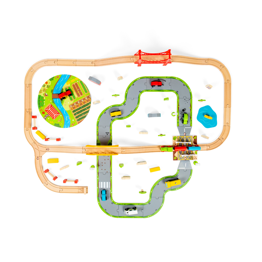 Wooden Road and Rail Train Set for Kids with 90 Pieces and Accessories