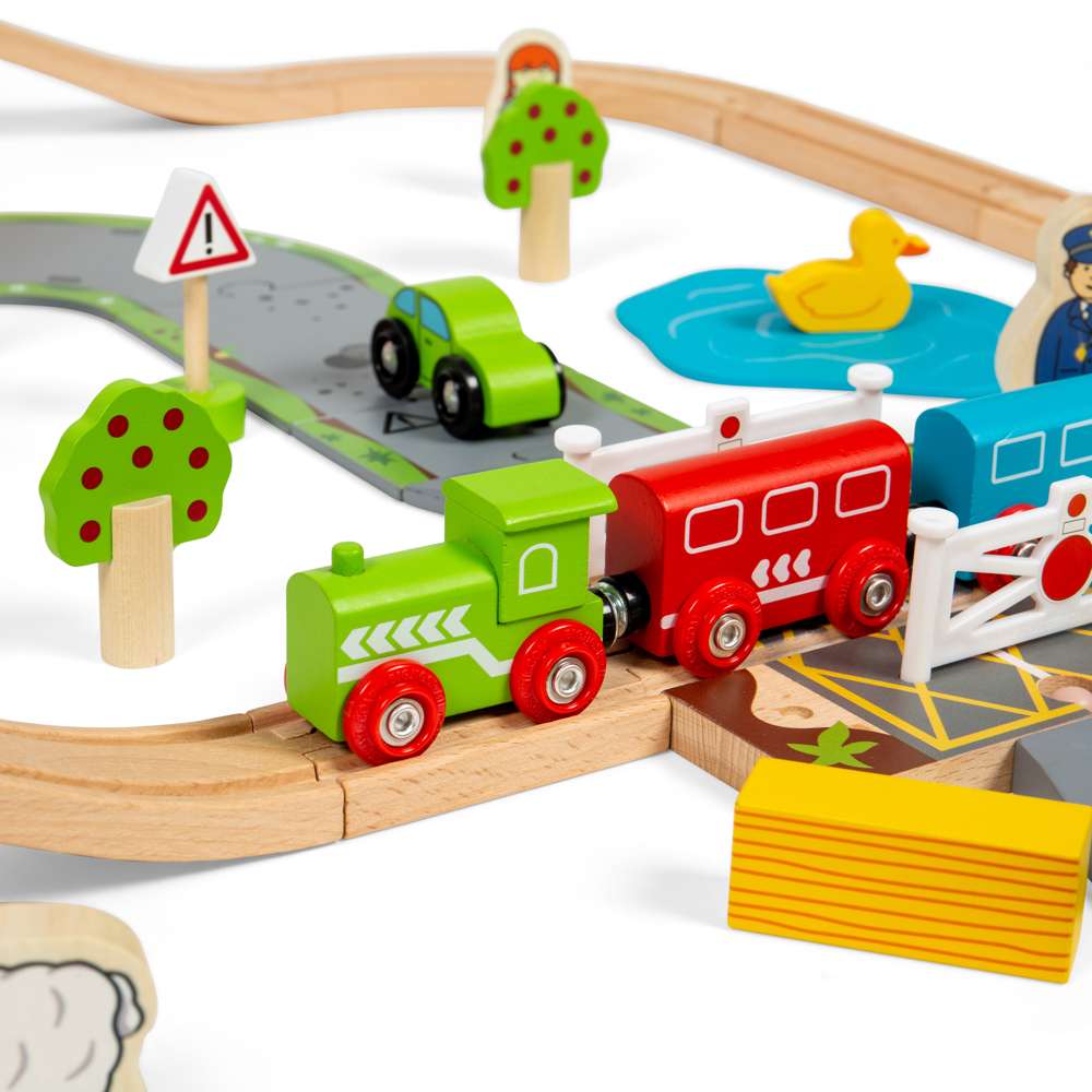 Wooden Road and Rail Train Set for Kids with 90 Pieces and Accessories