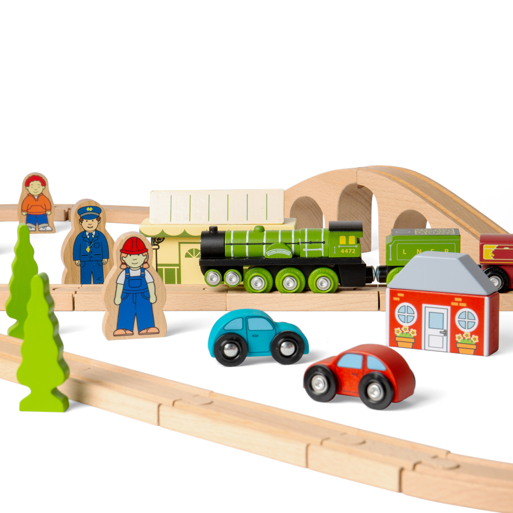 Flying Scotsman Wooden Train Set for Kids with Track and Accessories 42pcs