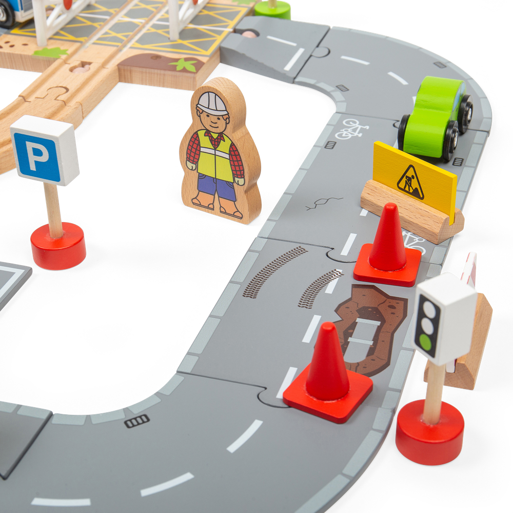 City Road and Railway Wooden Train Set for Kids 105 Piece Playset