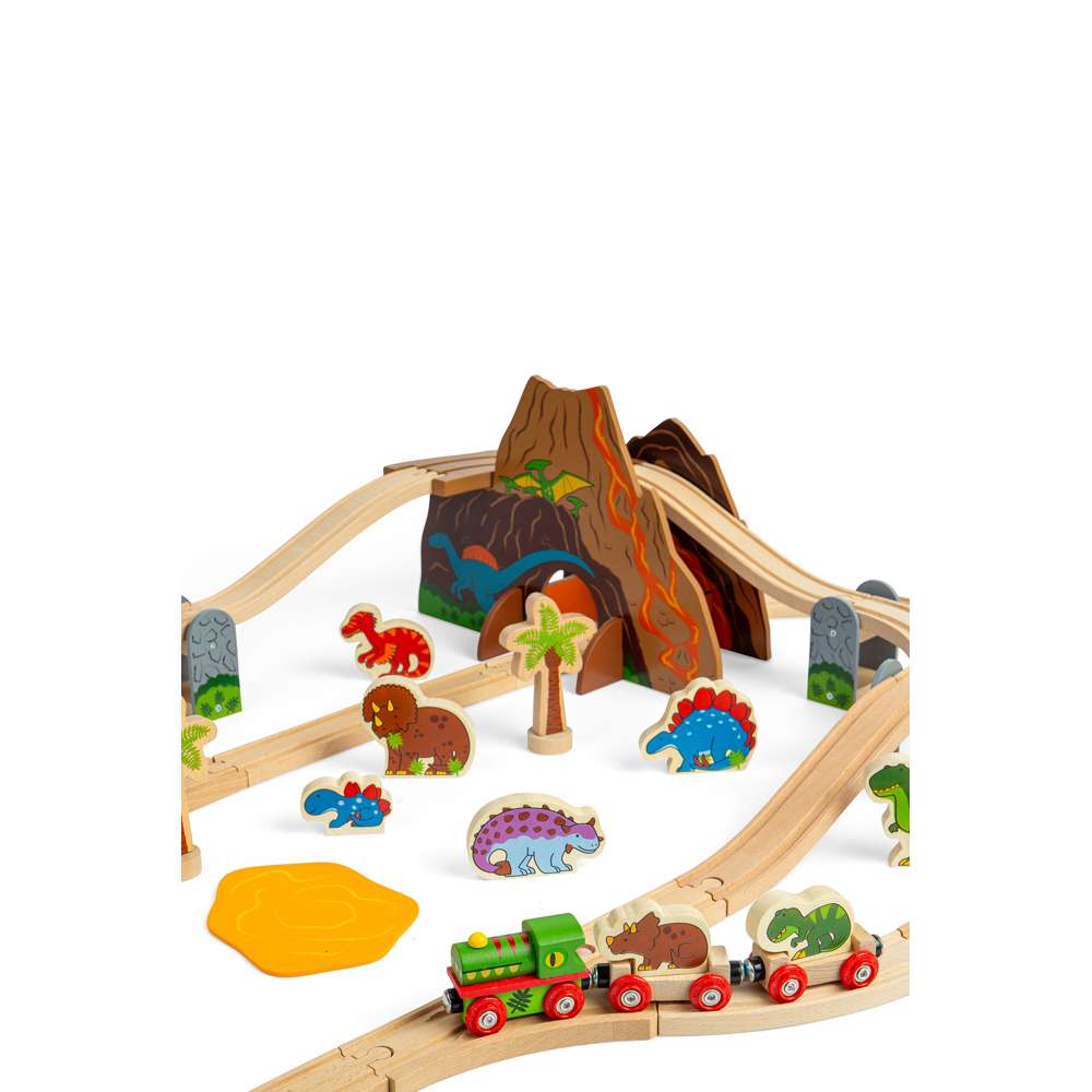 Dinosaur Wooden Railway Train Set with Engine Volcano Tunnels and Figures