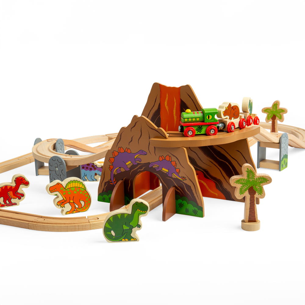 Dinosaur Wooden Railway Train Set with Engine Volcano Tunnels and Figures