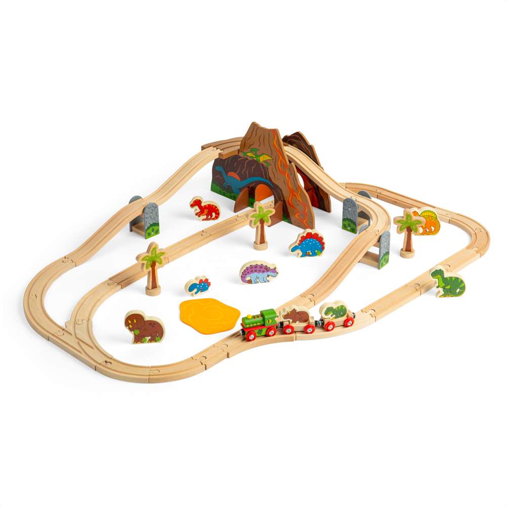 Dinosaur Wooden Railway Train Set with Engine Volcano Tunnels and Figures