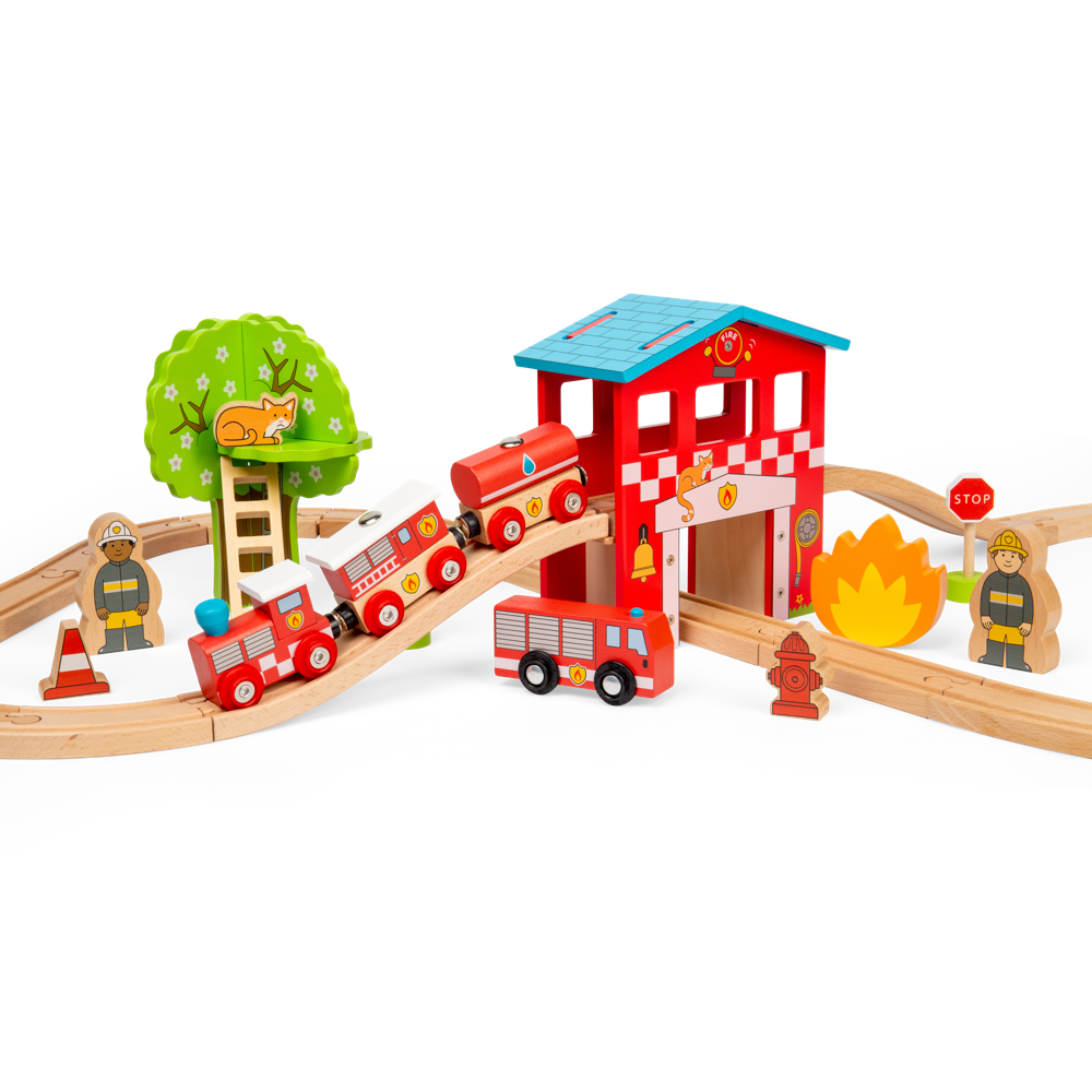 Wooden Fire Station Train Set for Kids 39 Piece Rescue Railway Play