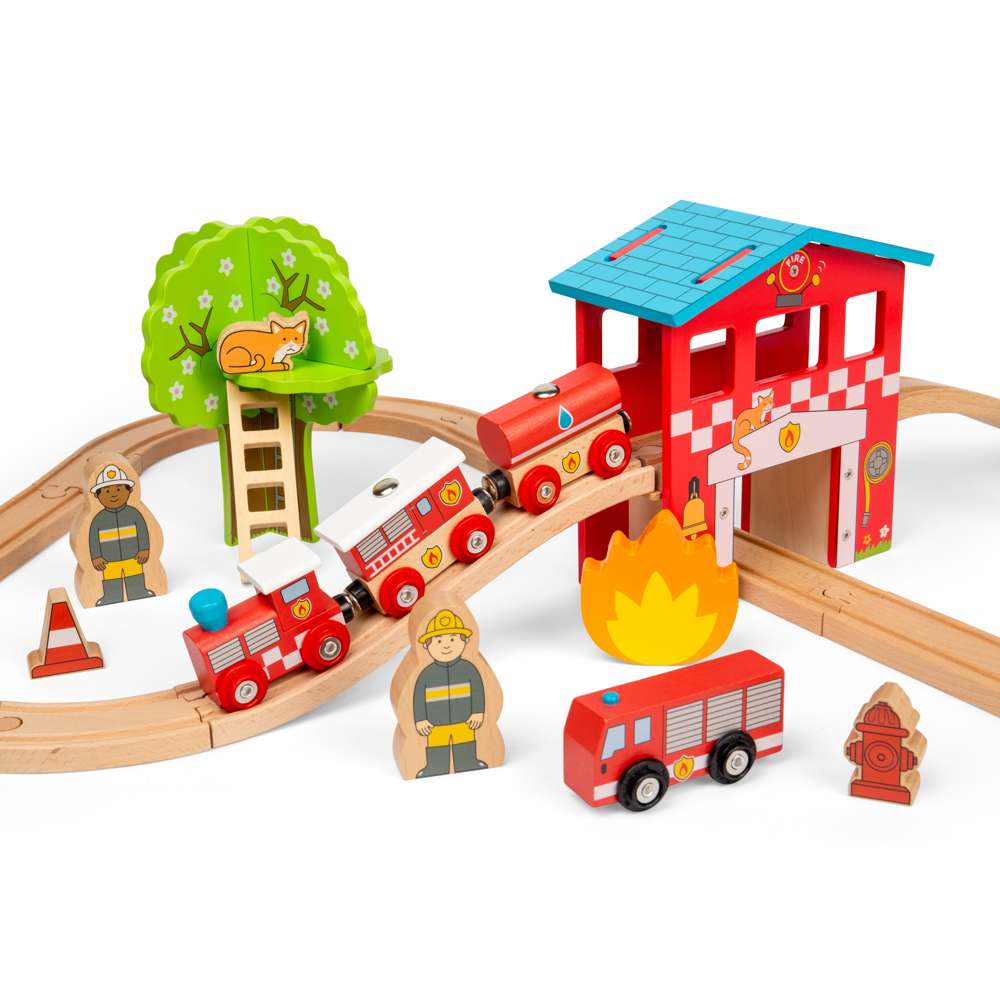 Wooden Fire Station Train Set for Kids 39 Piece Rescue Railway Play