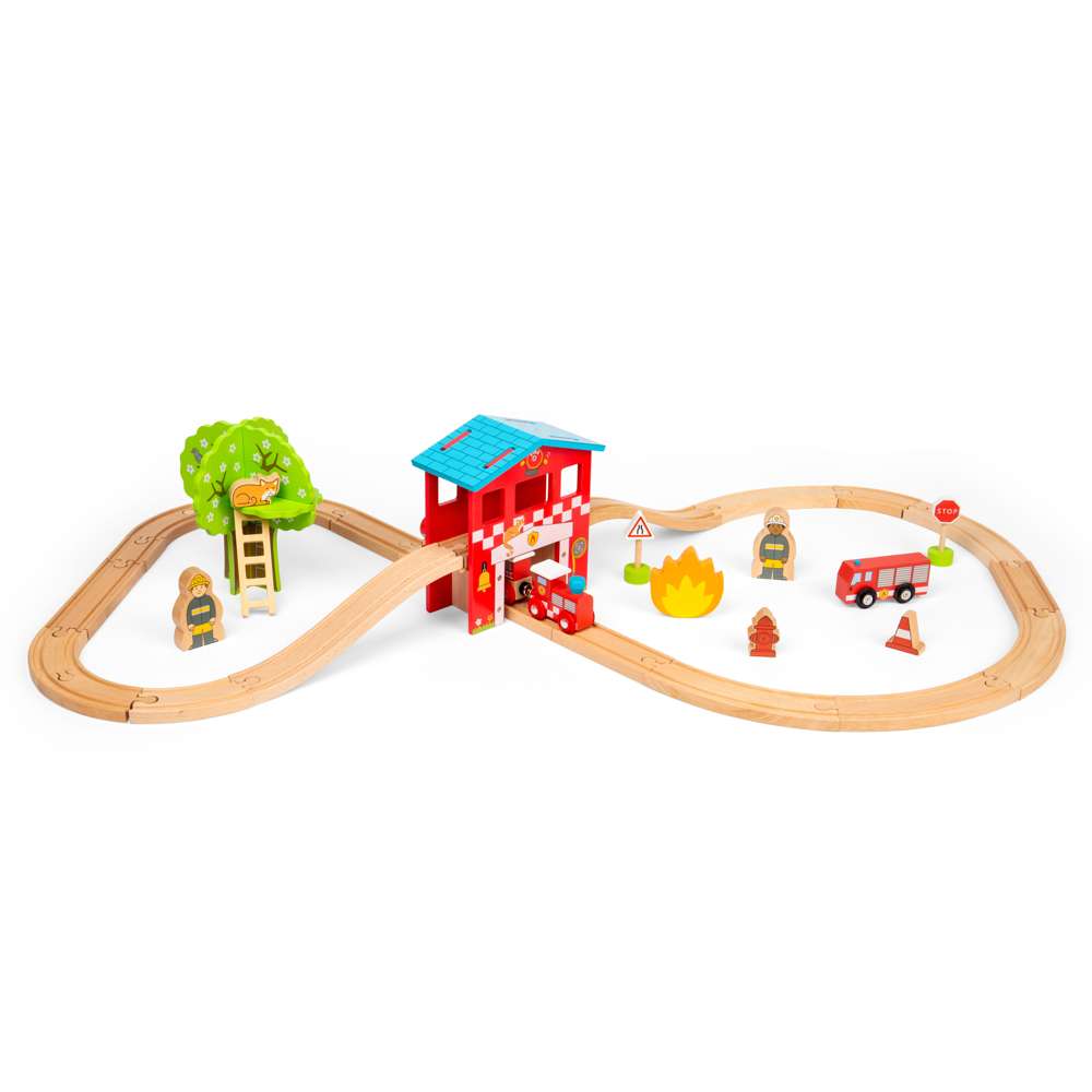 Wooden Fire Station Train Set for Kids 39 Piece Rescue Railway Play
