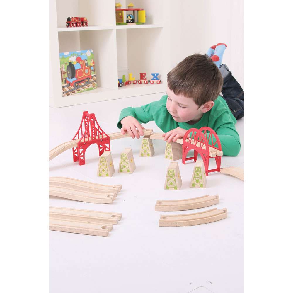 Wooden Bridge Expansion Set for Train Sets – 18 Piece Railway Accessory