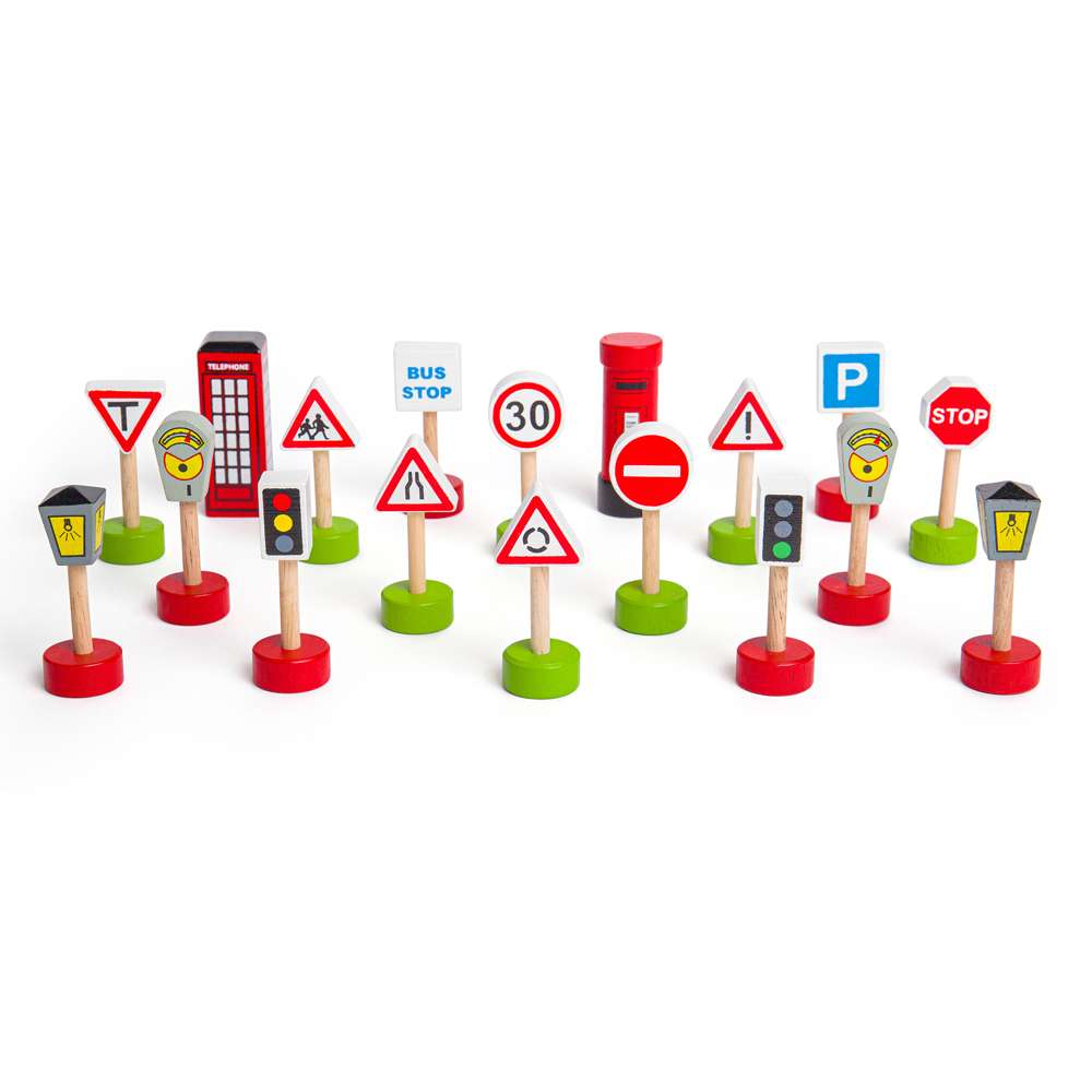 Bigjigs Wooden Road Signs Pack – Kids Traffic Playset Accessories 18pcs