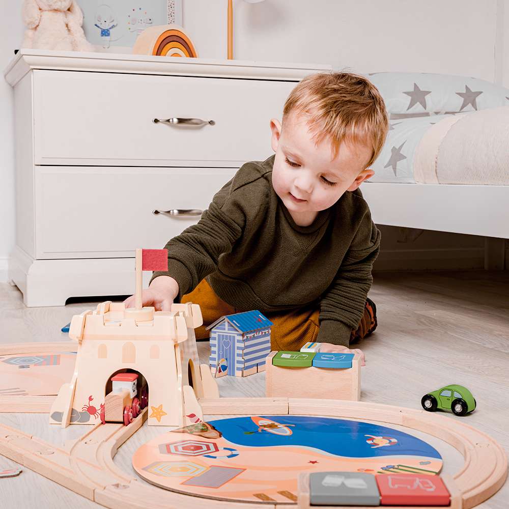 Coastal Clean Up Wooden Train Set for Kids with 70 Pieces and Accessories