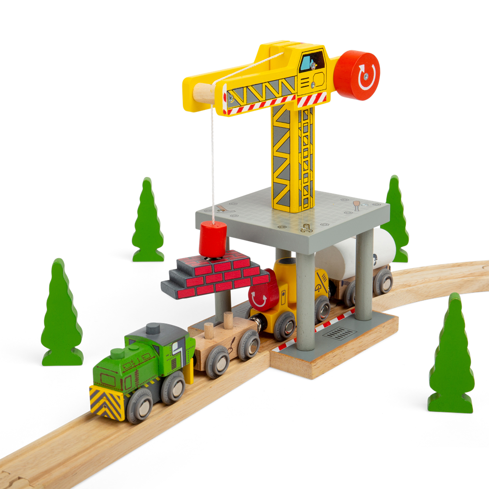 Big Yellow Toy Crane – Wooden Railway Construction Accessory for Kids
