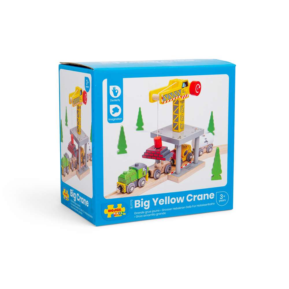 Big Yellow Toy Crane – Wooden Railway Construction Accessory for Kids