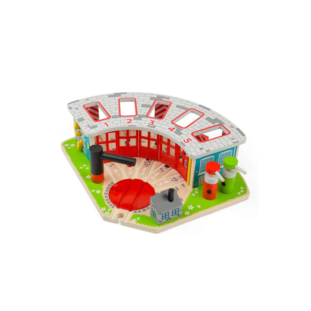 Five Way Engine Shed – Wooden Train Set Accessory with Turntable & Pumps