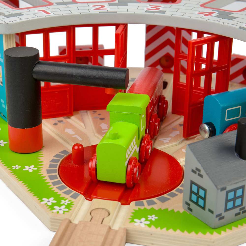 Five Way Engine Shed – Wooden Train Set Accessory with Turntable & Pumps