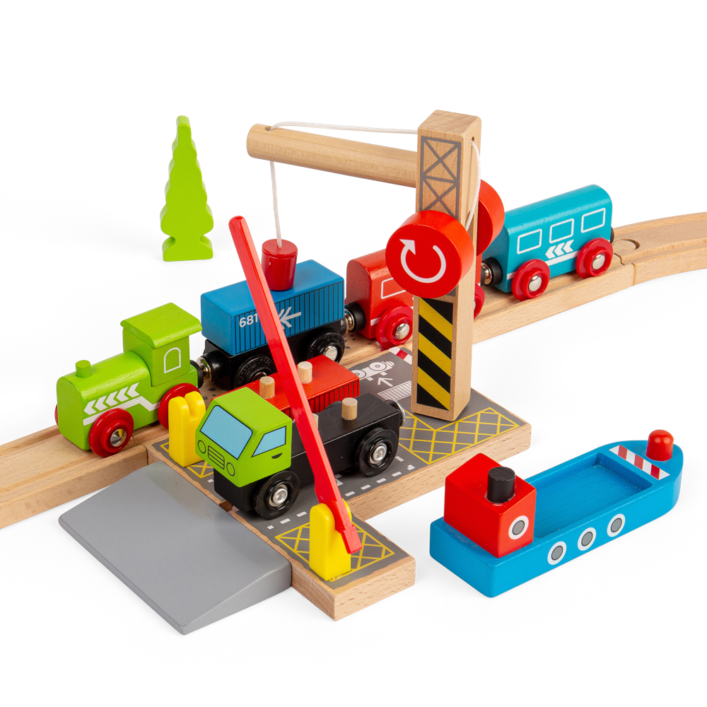 Container Shipping Yard – Wooden Train Set Accessory with Crane