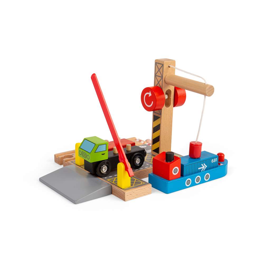 Container Shipping Yard – Wooden Train Set Accessory with Crane