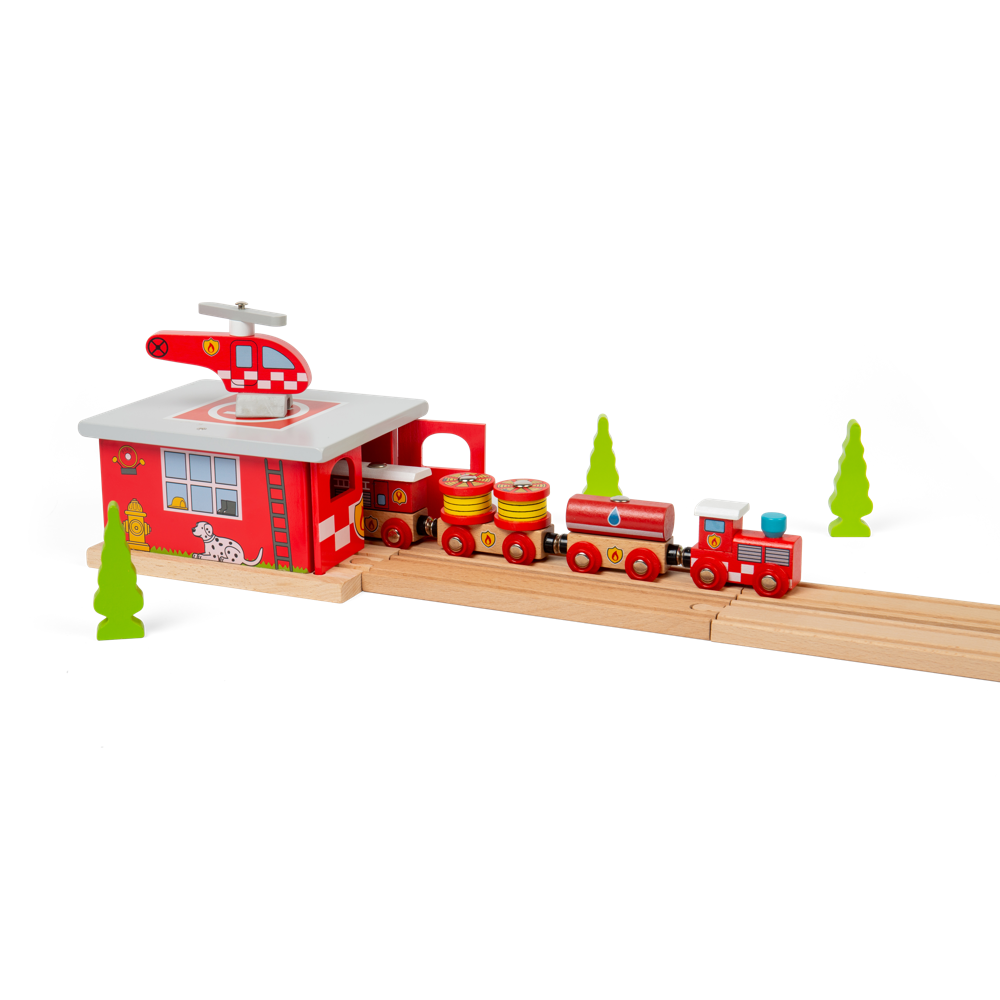 Wooden Fire Station Shed – Train Accessory for Wooden Railway Sets
