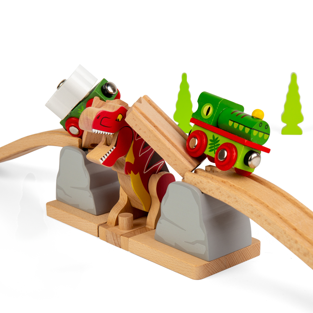 T-Rex Bursting Bridge – Dinosaur Wooden Train Accessory for Railway Sets