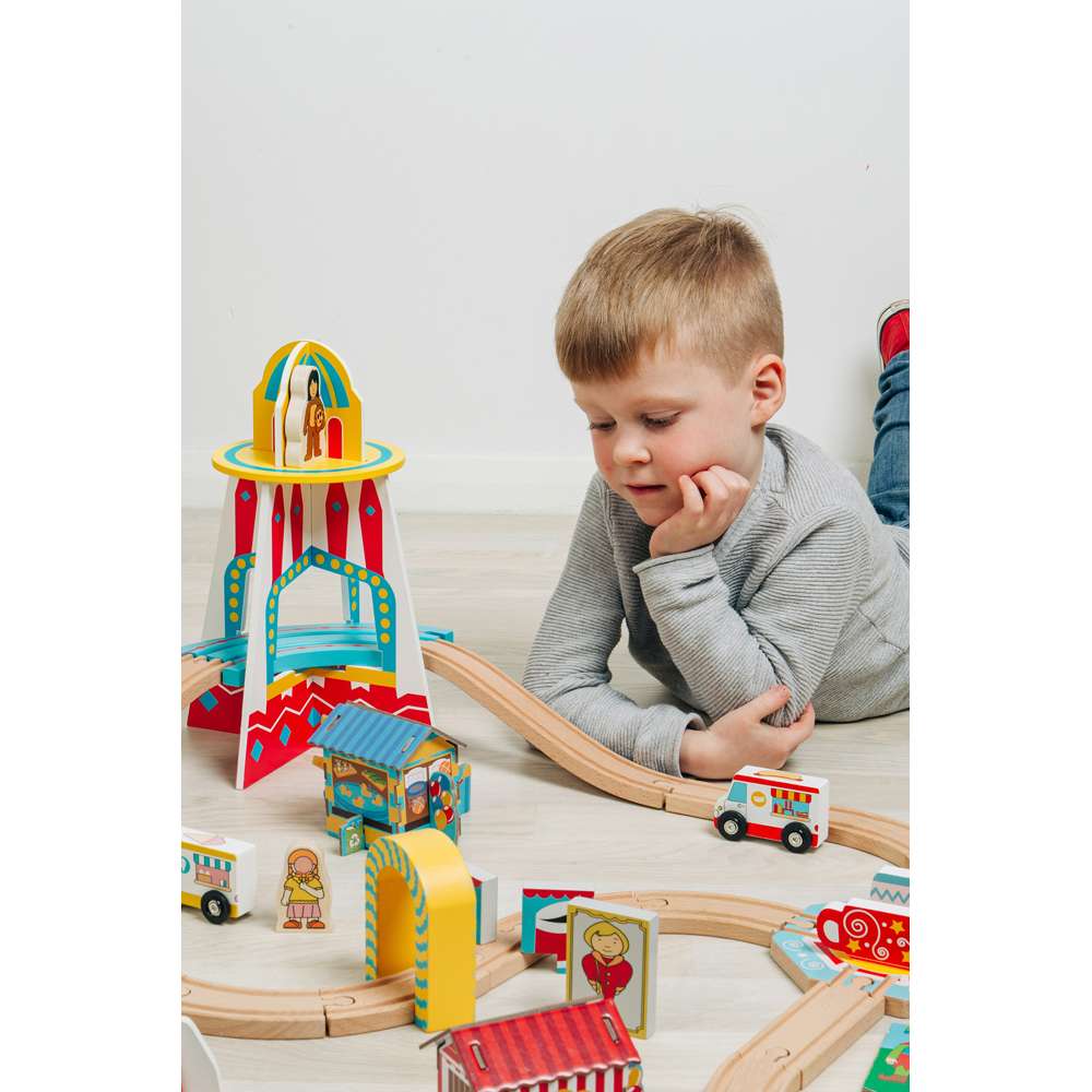 Fun Fair Wooden Train Set for Kids with Accessories 54 Piece Railway Toy