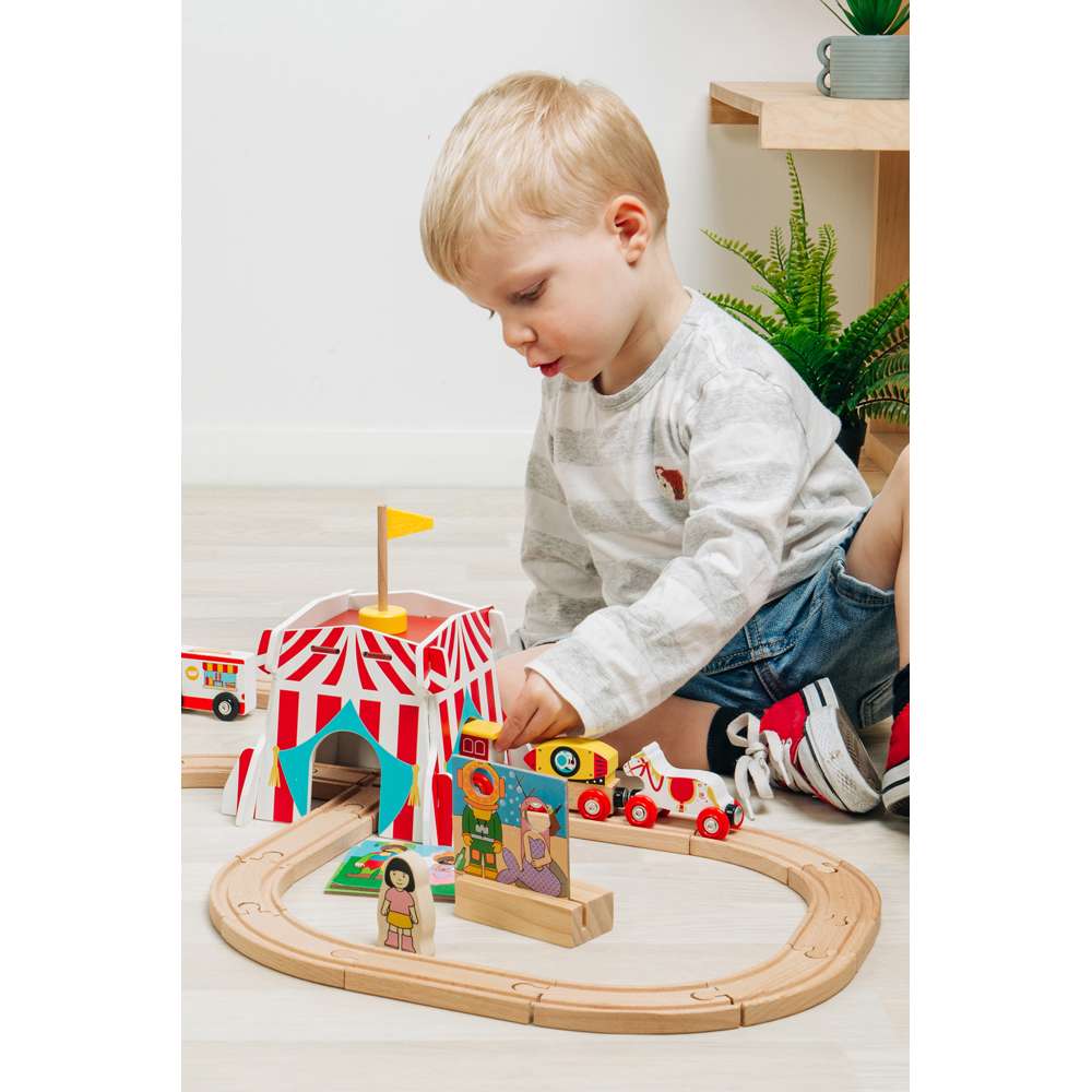 Fun Fair Wooden Train Set for Kids with Accessories 54 Piece Railway Toy