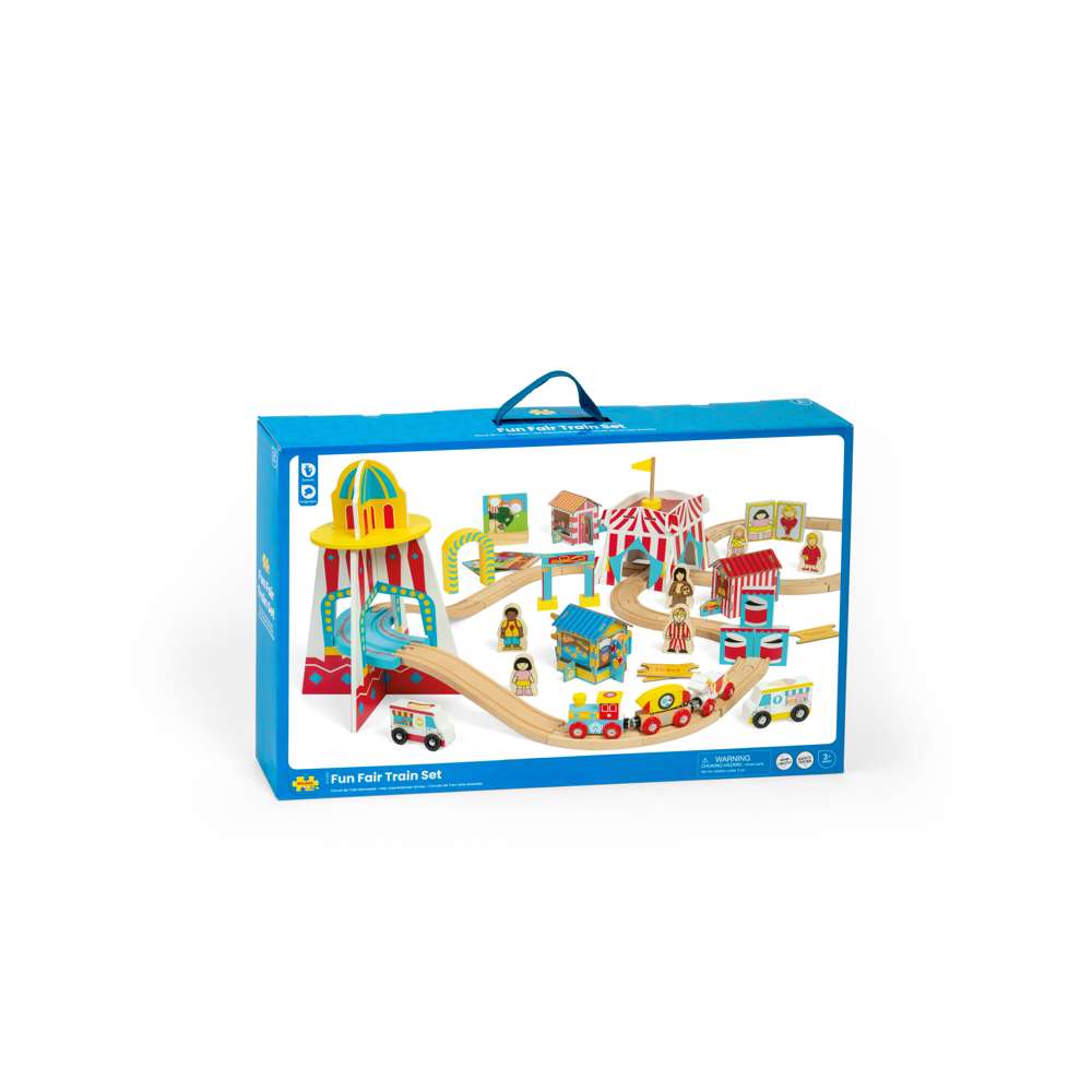Fun Fair Wooden Train Set for Kids with Accessories 54 Piece Railway Toy