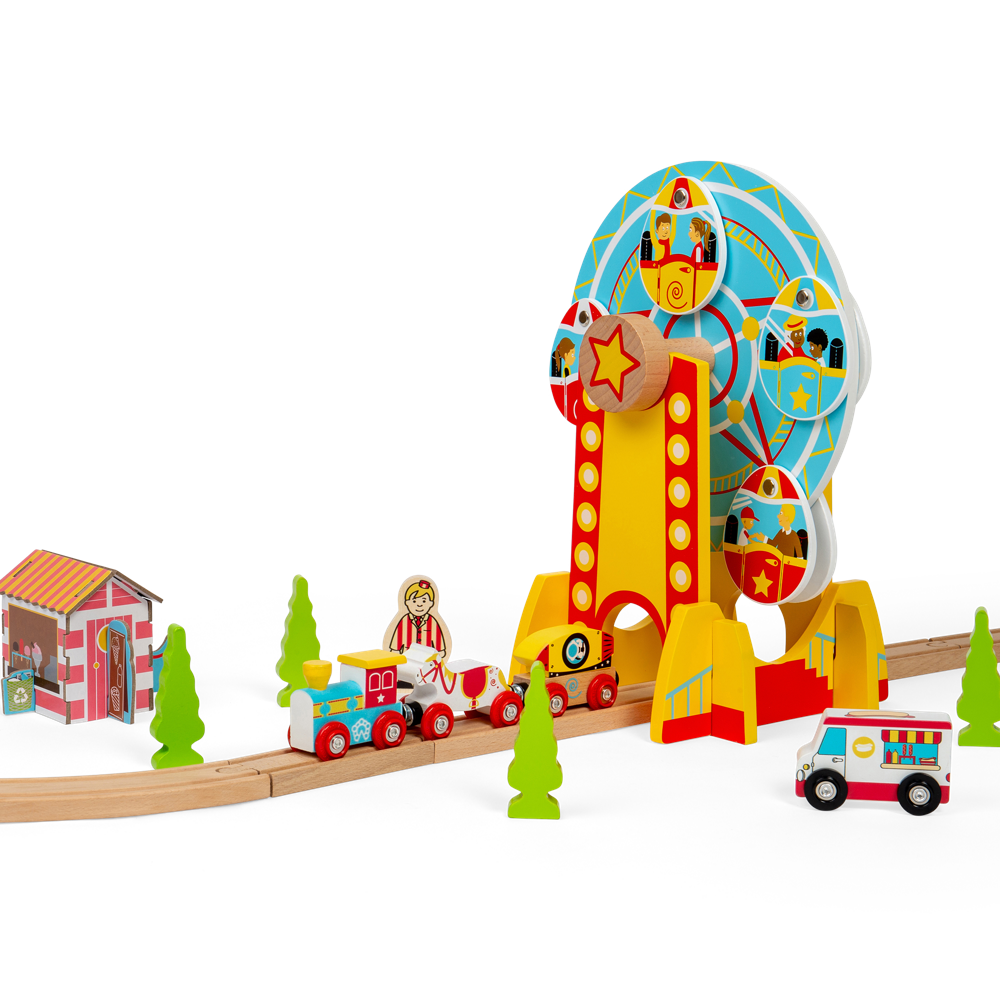 Ferris Wheel Wooden Train Tunnel – Fun Fair Railway Accessory for Kids