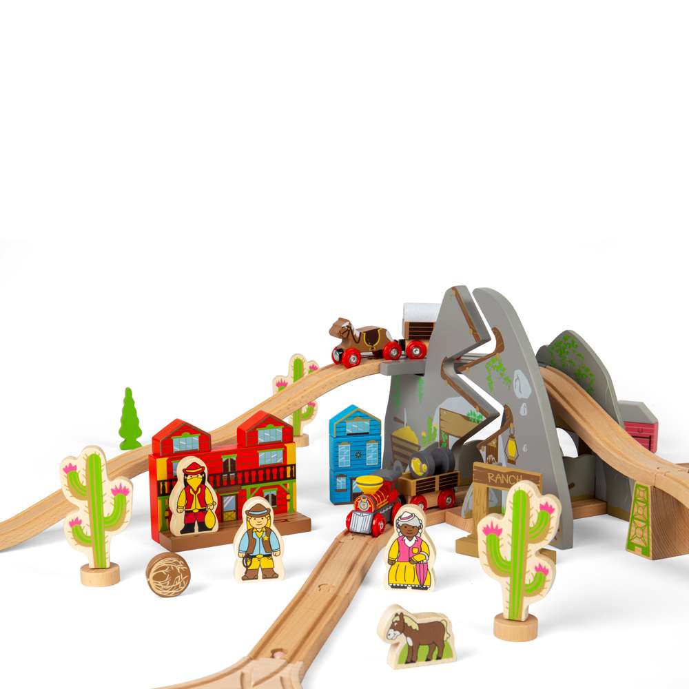 Wild West Wooden Train Set for Kids with Accessories 62 Piece Railway Play