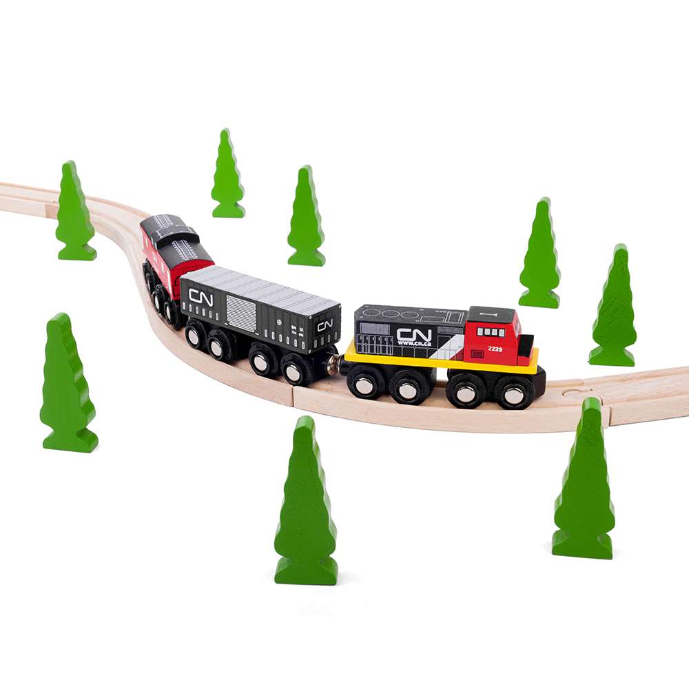 CN Wooden Train Engine with Caboose & Wagon – Compatible Toy Railway