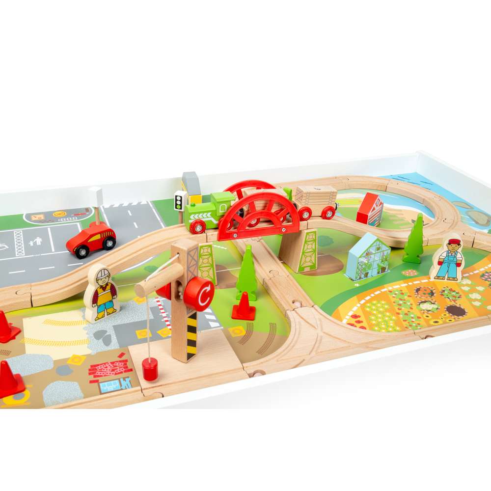 Wooden Train Set and Table for Kids with Accessories 50 Piece Railway Play