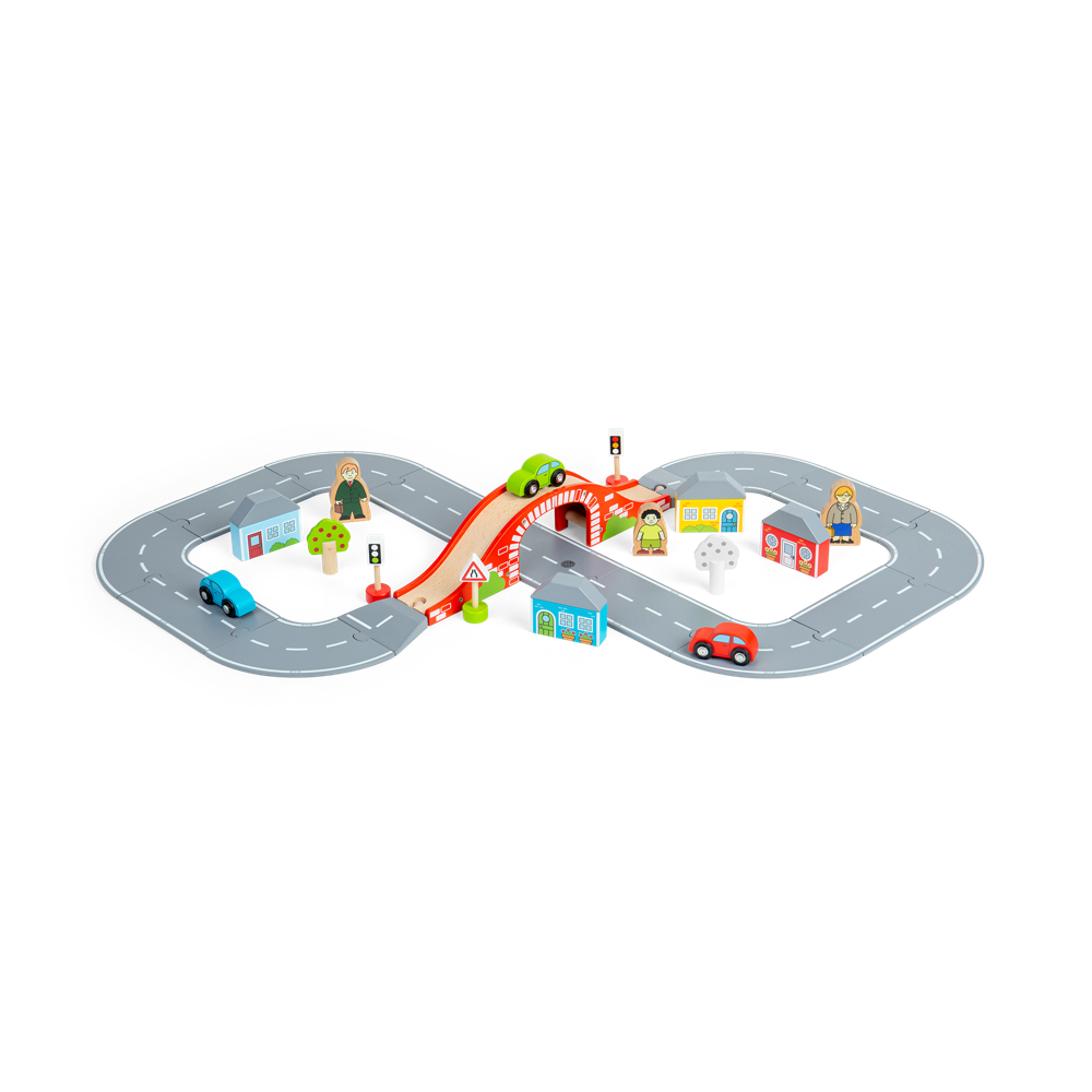 Figure of Eight Wooden Roadway Set – 36 Piece Toy Car Track with Bridge