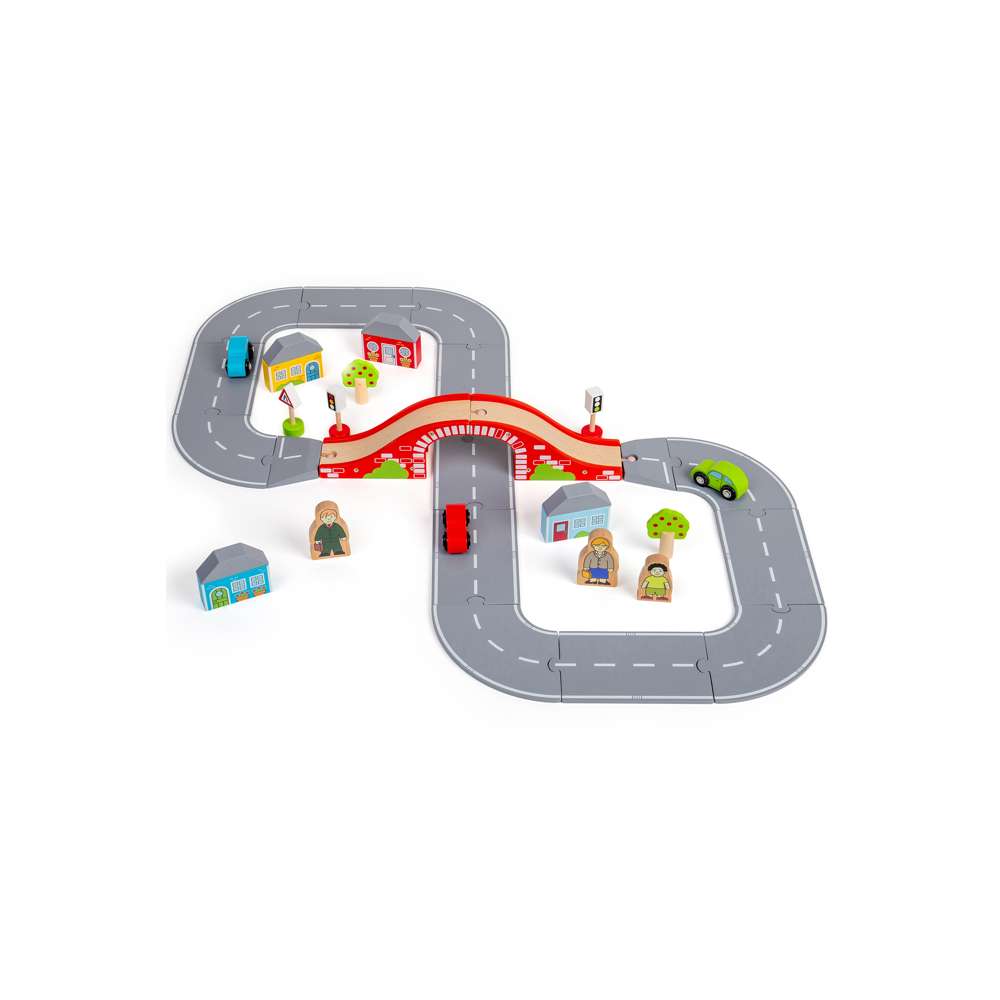 Figure of Eight Wooden Roadway Set – 36 Piece Toy Car Track with Bridge