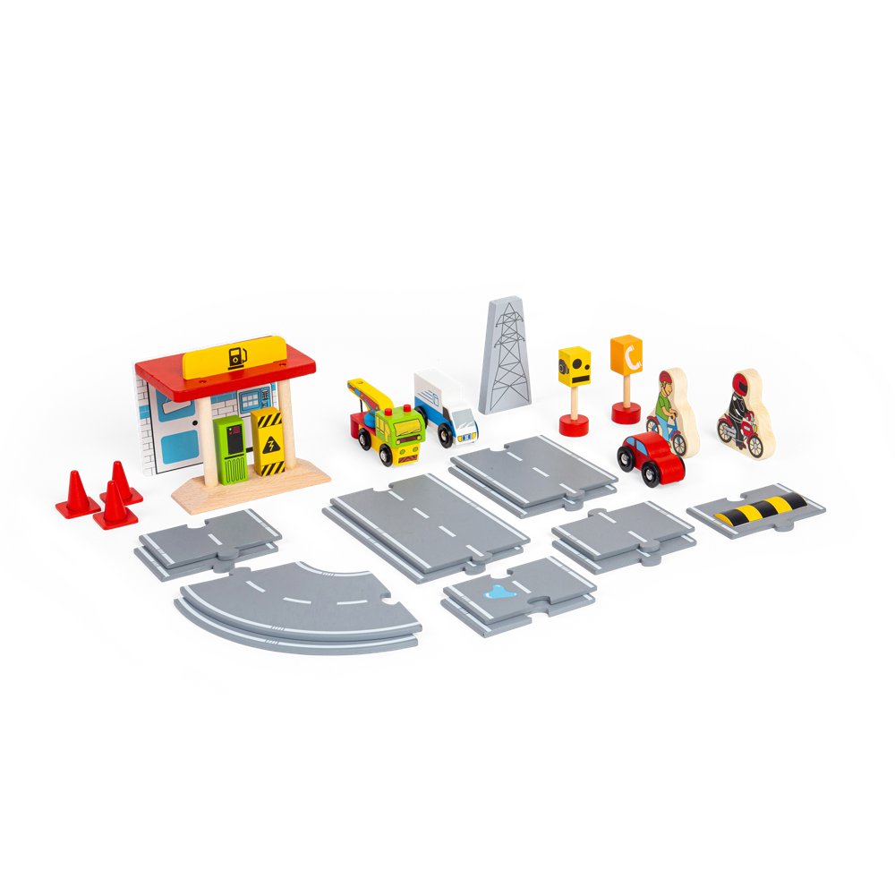 Wooden Roadway Accessory Pack – 25 Piece Vehicles Signs Traffic Set