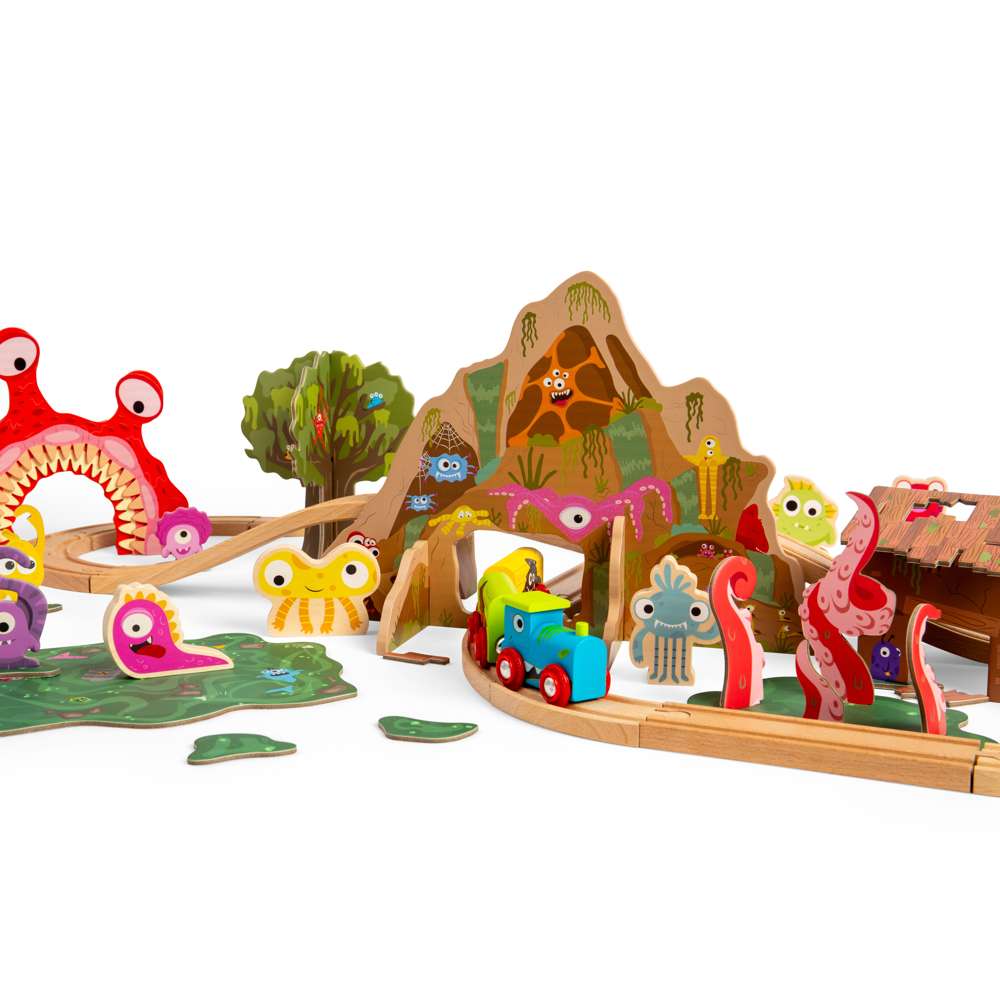 Monster Wooden Train Set for Kids with 50 Pieces and Accessories