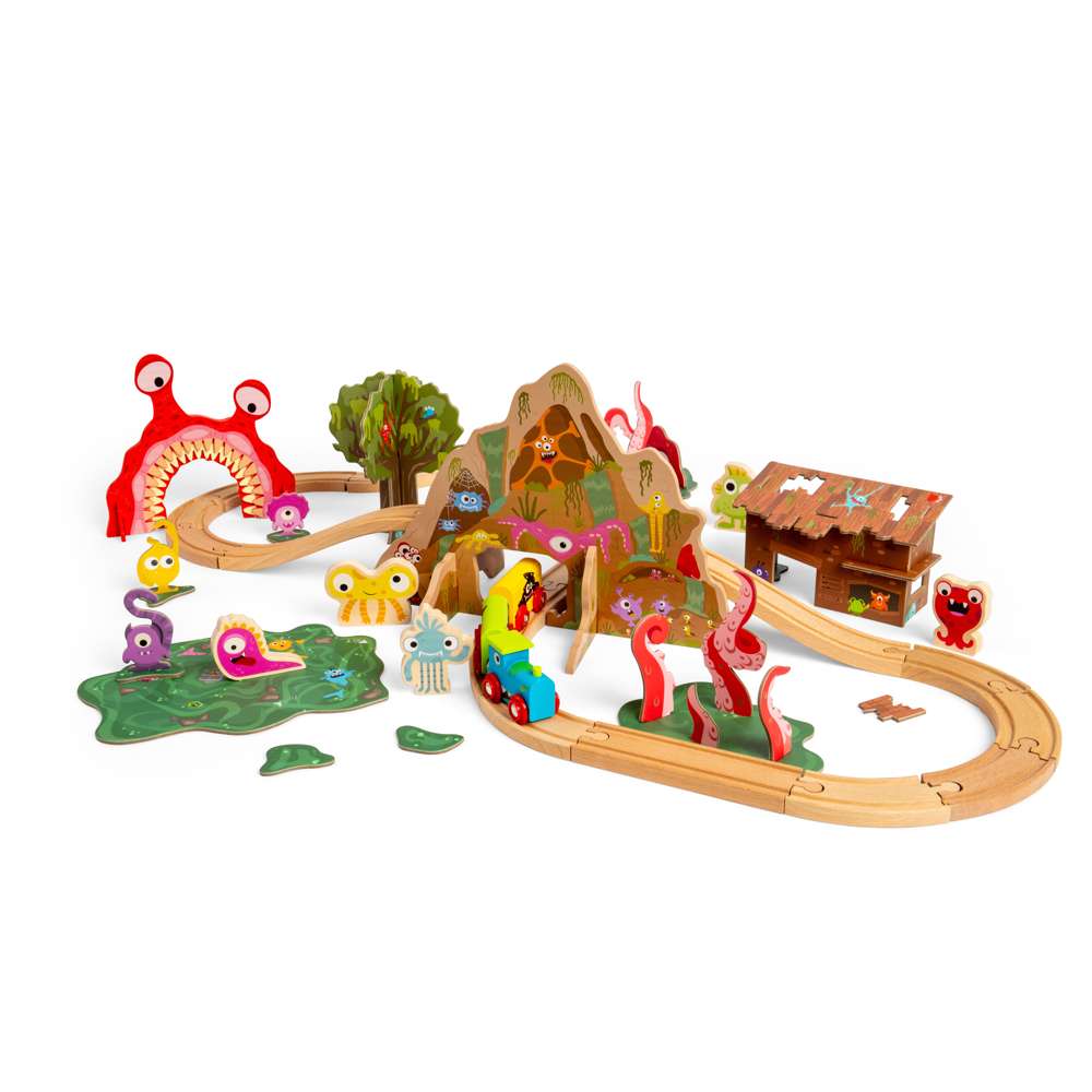 Monster Wooden Train Set for Kids with 50 Pieces and Accessories