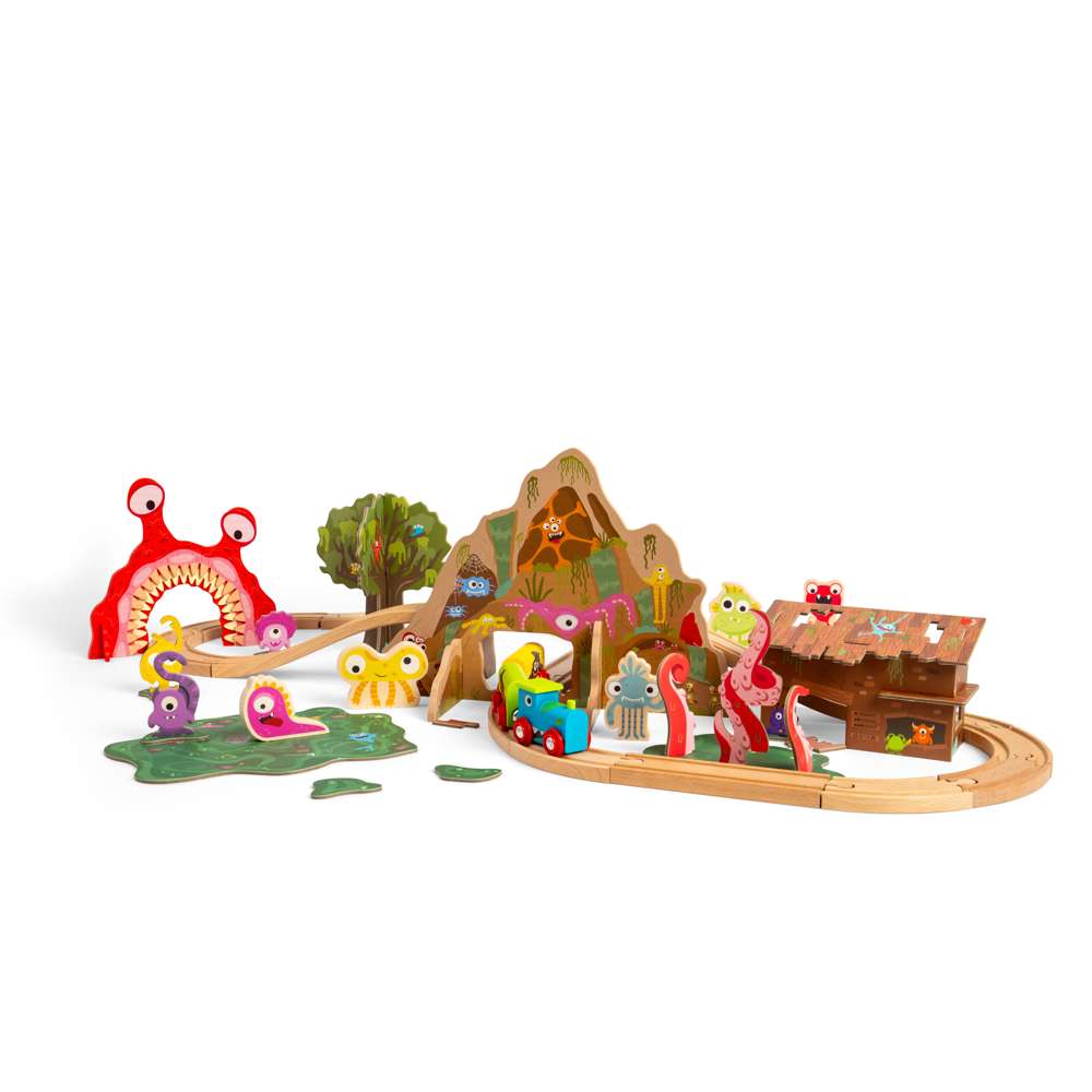 Monster Wooden Train Set for Kids with 50 Pieces and Accessories