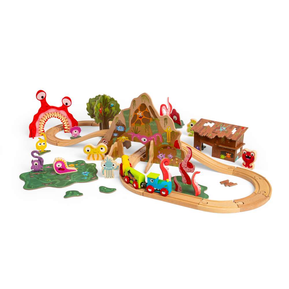 Monster Wooden Train Set for Kids with 50 Pieces and Accessories
