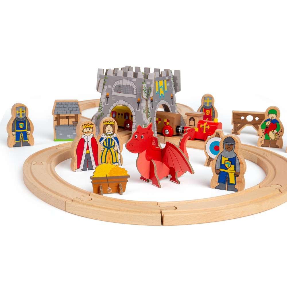 Bigjigs Toys Medieval Train Set - 33 Piece Wooden Railway Set