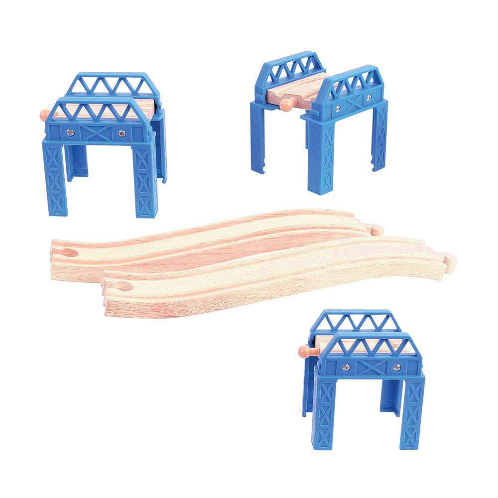 Wooden Construction Support Set for Train Tracks with Raised Track Pieces