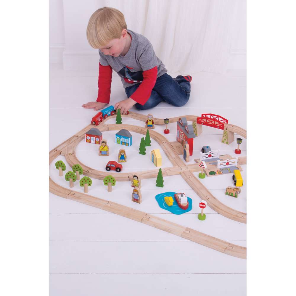 Town and Country Wooden Train Set for Kids with Accessories 91 Pieces