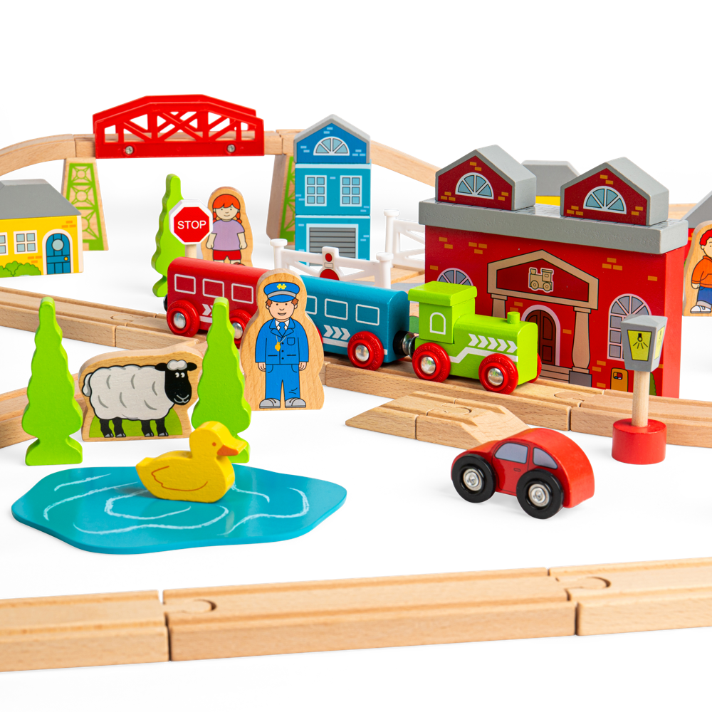 Town and Country Wooden Train Set for Kids with Accessories 91 Pieces