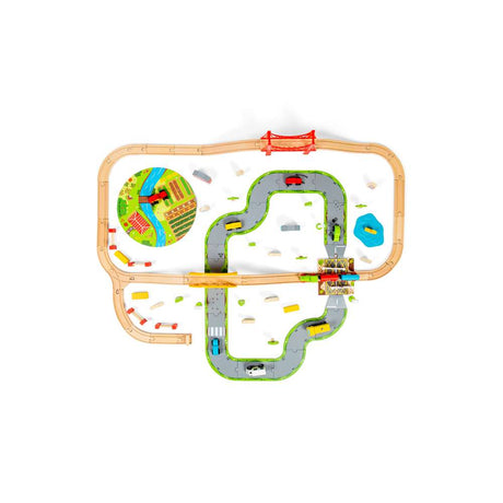 Wooden Road and Rail Train Set for Kids with 90 Pieces and Accessories