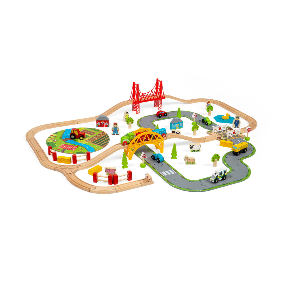 Wooden Road and Rail Train Set for Kids with 90 Pieces and Accessories