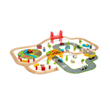 Wooden Road and Rail Train Set for Kids with 90 Pieces and Accessories
