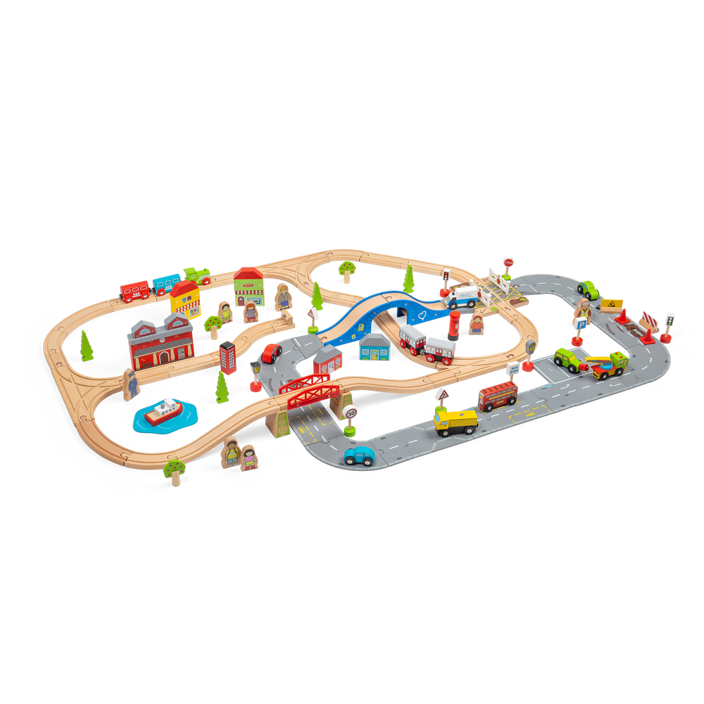 City Road and Railway Wooden Train Set for Kids 105 Piece Playset
