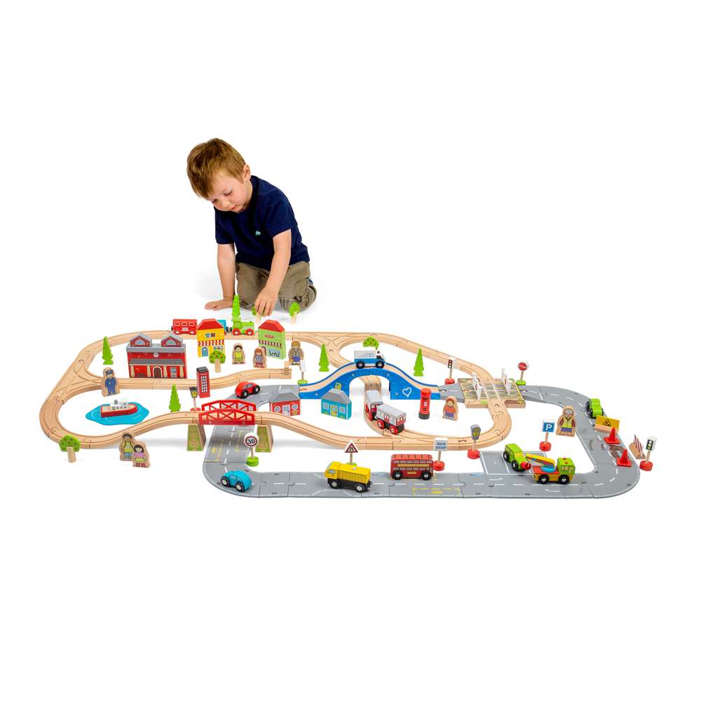 City Road and Railway Wooden Train Set for Kids 105 Piece Playset