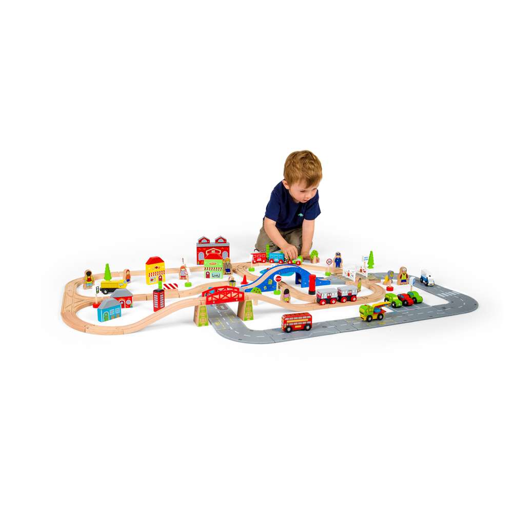 City Road and Railway Wooden Train Set for Kids 105 Piece Playset