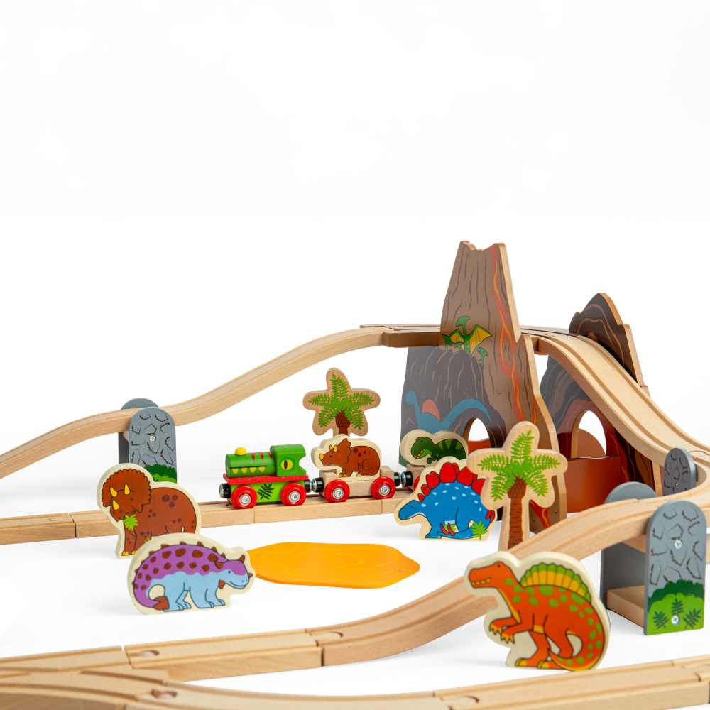 Dinosaur Wooden Railway Train Set with Engine Volcano Tunnels and Figures