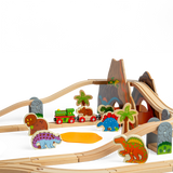 Dinosaur Wooden Railway Train Set with Engine Volcano Tunnels and Figures