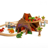 Dinosaur Wooden Railway Train Set with Engine Volcano Tunnels and Figures