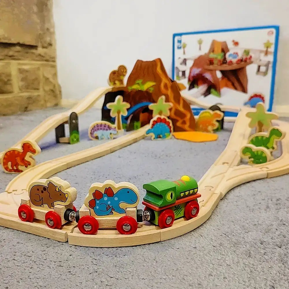 Dinosaur Wooden Railway Train Set with Engine Volcano Tunnels and Figures